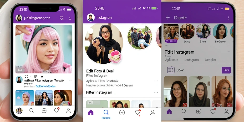 Tampilan antarmuka aplikasi 234E dengan berbagai filter Instagram.