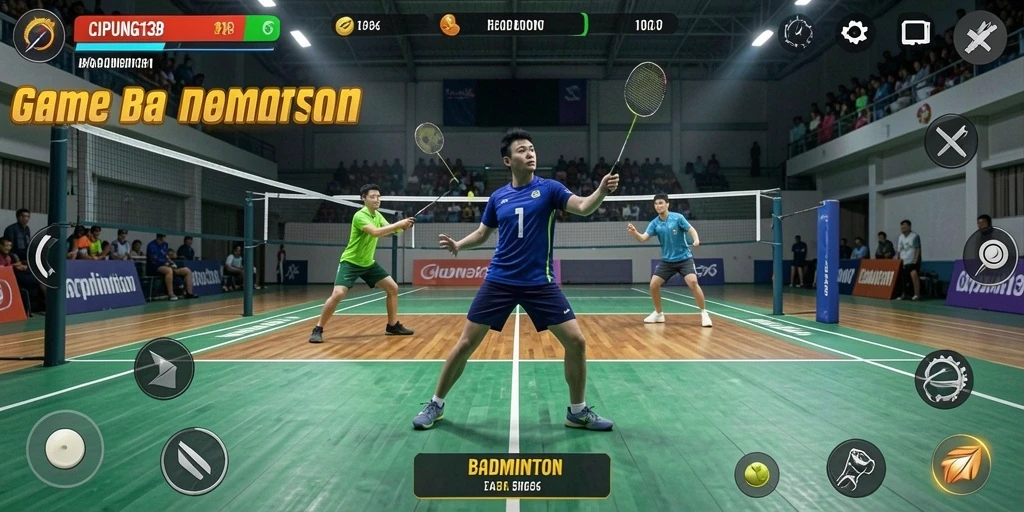 Tampilan antarmuka permainan Badminton yang menarik dan interaktif.